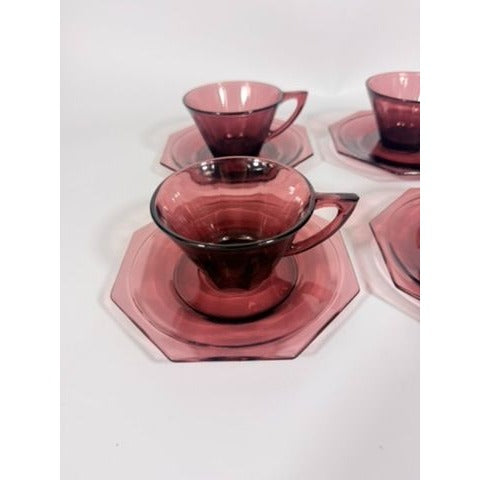 Glass Teacup and Saucers Hazel Atlas Moroccan Amethyst Set of 4 Purple MCM Purple Replacement Glassware Hostess Vintage