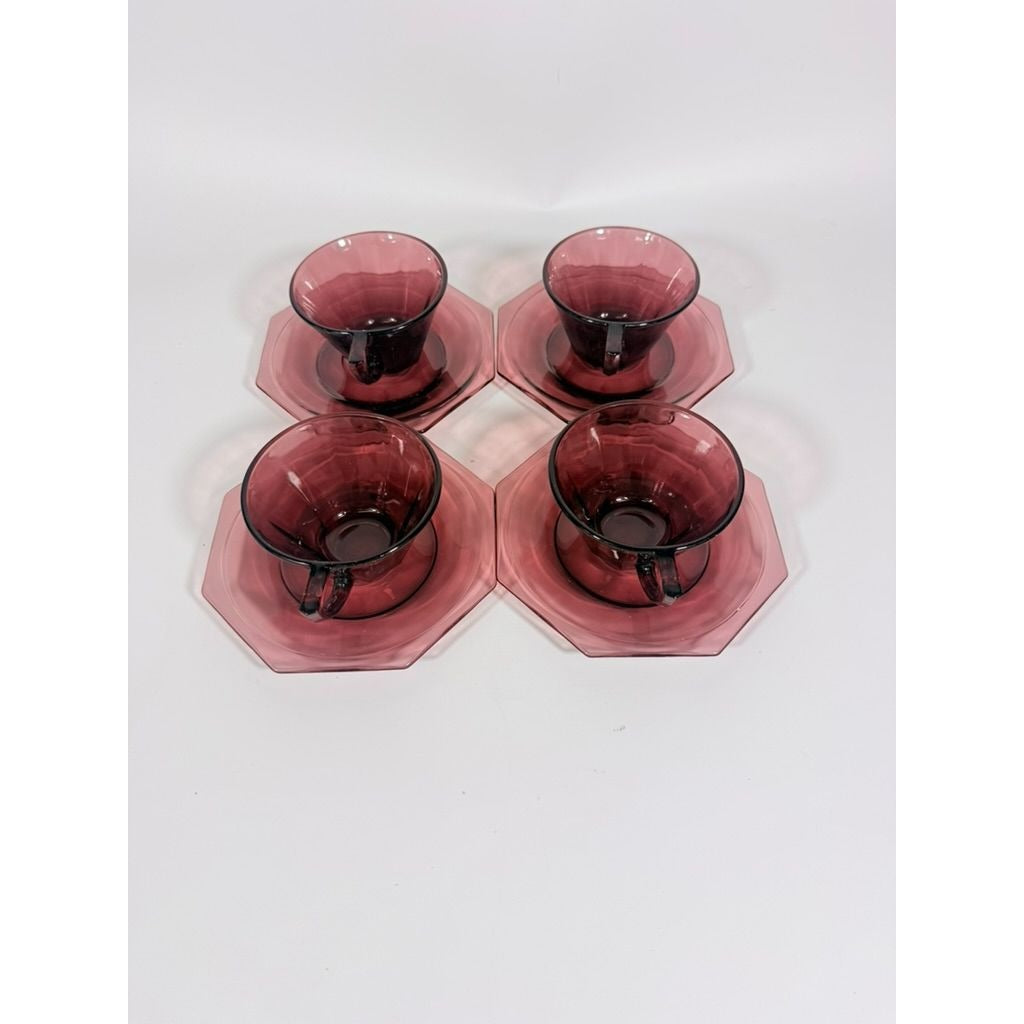Glass Teacup and Saucers Hazel Atlas Moroccan Amethyst Set of 4 Purple MCM Purple Replacement Glassware Hostess Vintage