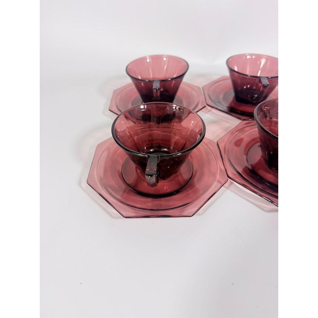 Glass Teacup and Saucers Hazel Atlas Moroccan Amethyst Set of 4 Purple MCM Purple Replacement Glassware Hostess Vintage