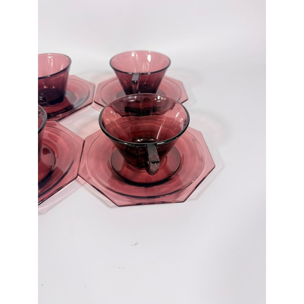 Glass Teacup and Saucers Hazel Atlas Moroccan Amethyst Set of 4 Purple MCM Purple Replacement Glassware Hostess Vintage
