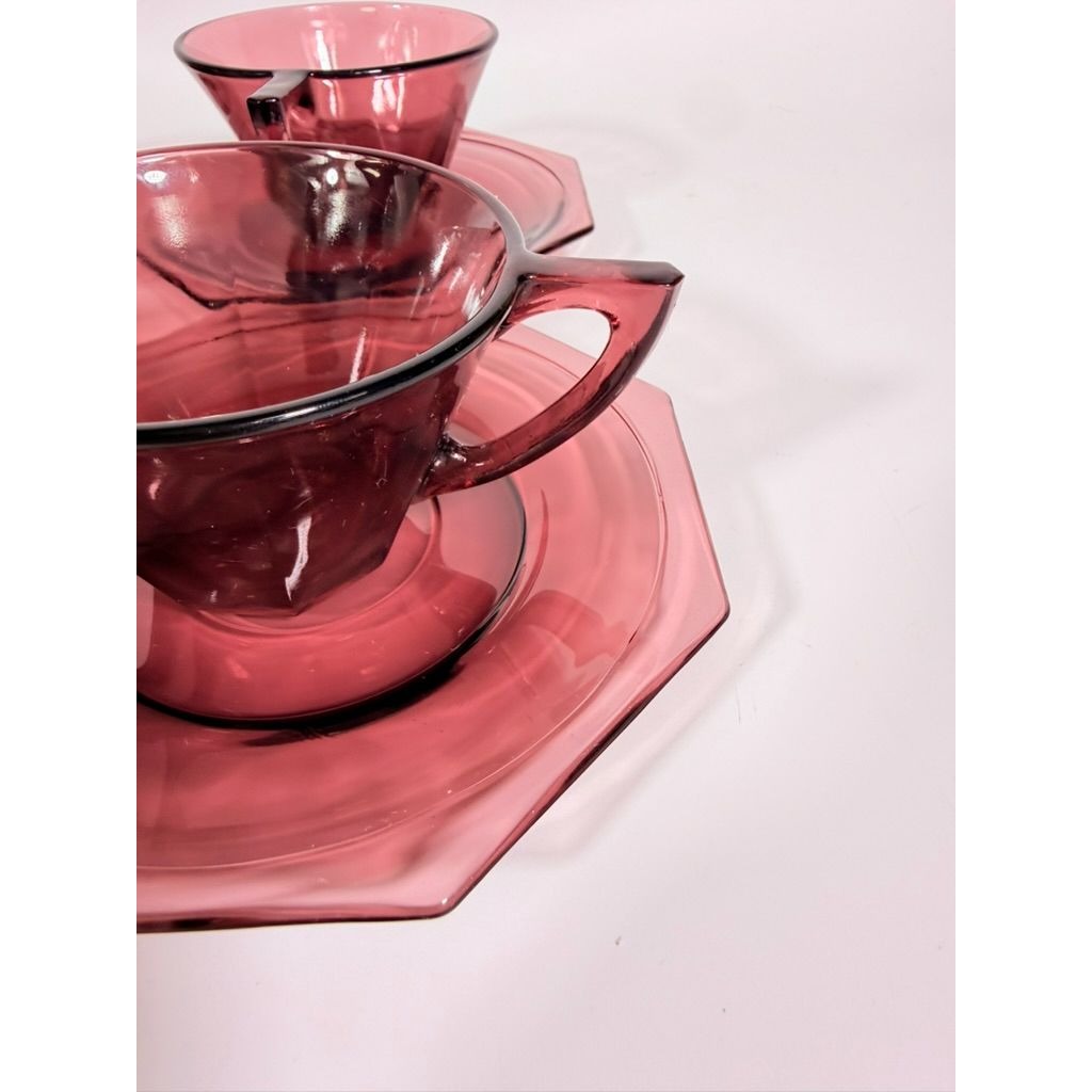 Glass Teacup and Saucers Hazel Atlas Moroccan Amethyst Set of 4 Purple MCM Purple Replacement Glassware Hostess Vintage