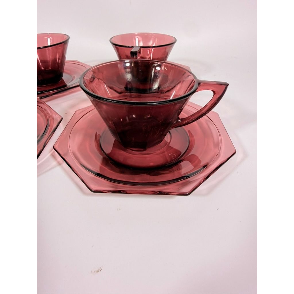Glass Teacup and Saucers Hazel Atlas Moroccan Amethyst Set of 4 Purple MCM Purple Replacement Glassware Hostess Vintage