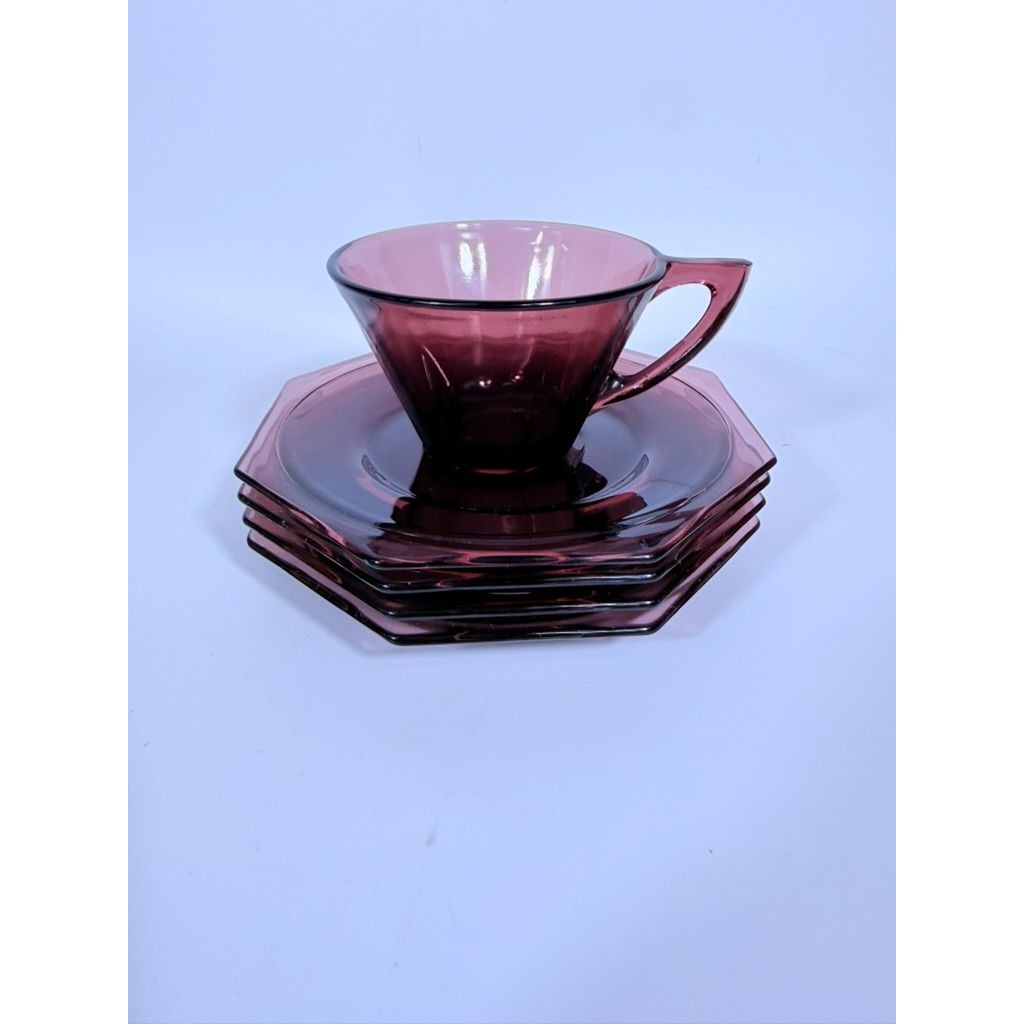 Glass Teacup and Saucers Hazel Atlas Moroccan Amethyst Set of 4 Purple MCM Purple Replacement Glassware Hostess Vintage