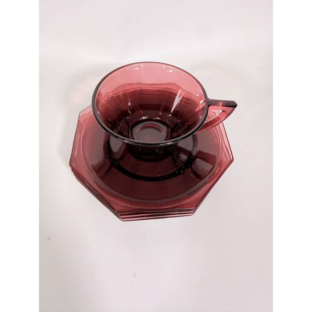 Glass Teacup and Saucers Hazel Atlas Moroccan Amethyst Set of 4 Purple MCM Purple Replacement Glassware Hostess Vintage
