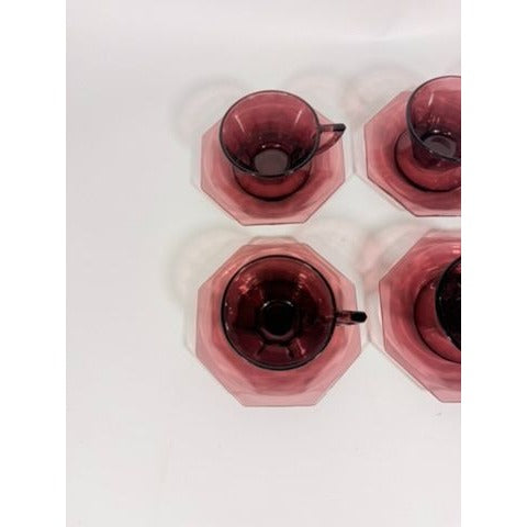 Glass Teacup and Saucers Hazel Atlas Moroccan Amethyst Set of 4 Purple MCM Purple Replacement Glassware Hostess Vintage