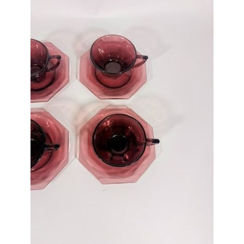 Glass Teacup and Saucers Hazel Atlas Moroccan Amethyst Set of 4 Purple MCM Purple Replacement Glassware Hostess Vintage