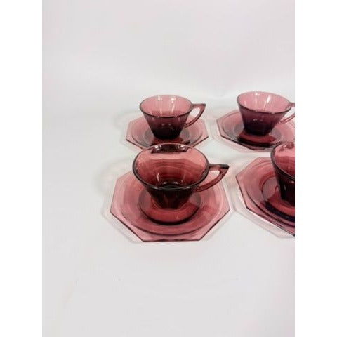 Glass Teacup and Saucers Hazel Atlas Moroccan Amethyst Set of 4 Purple MCM Purple Replacement Glassware Hostess Vintage