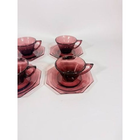 Glass Teacup and Saucers Hazel Atlas Moroccan Amethyst Set of 4 Purple MCM Purple Replacement Glassware Hostess Vintage