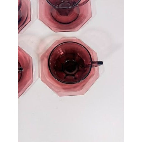 Glass Teacup and Saucers Hazel Atlas Moroccan Amethyst Set of 4 Purple MCM Purple Replacement Glassware Hostess Vintage