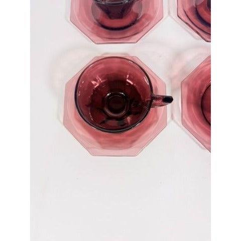 Glass Teacup and Saucers Hazel Atlas Moroccan Amethyst Set of 4 Purple MCM Purple Replacement Glassware Hostess Vintage