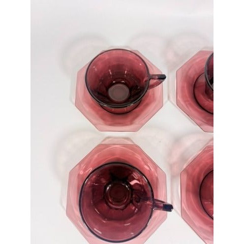 Glass Teacup and Saucers Hazel Atlas Moroccan Amethyst Set of 4 Purple MCM Purple Replacement Glassware Hostess Vintage