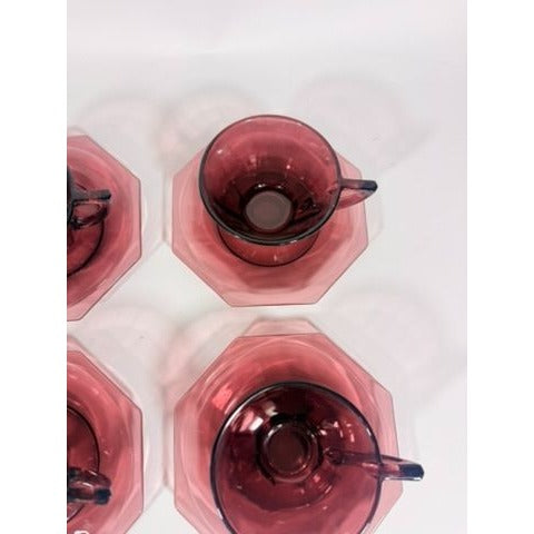 Glass Teacup and Saucers Hazel Atlas Moroccan Amethyst Set of 4 Purple MCM Purple Replacement Glassware Hostess Vintage