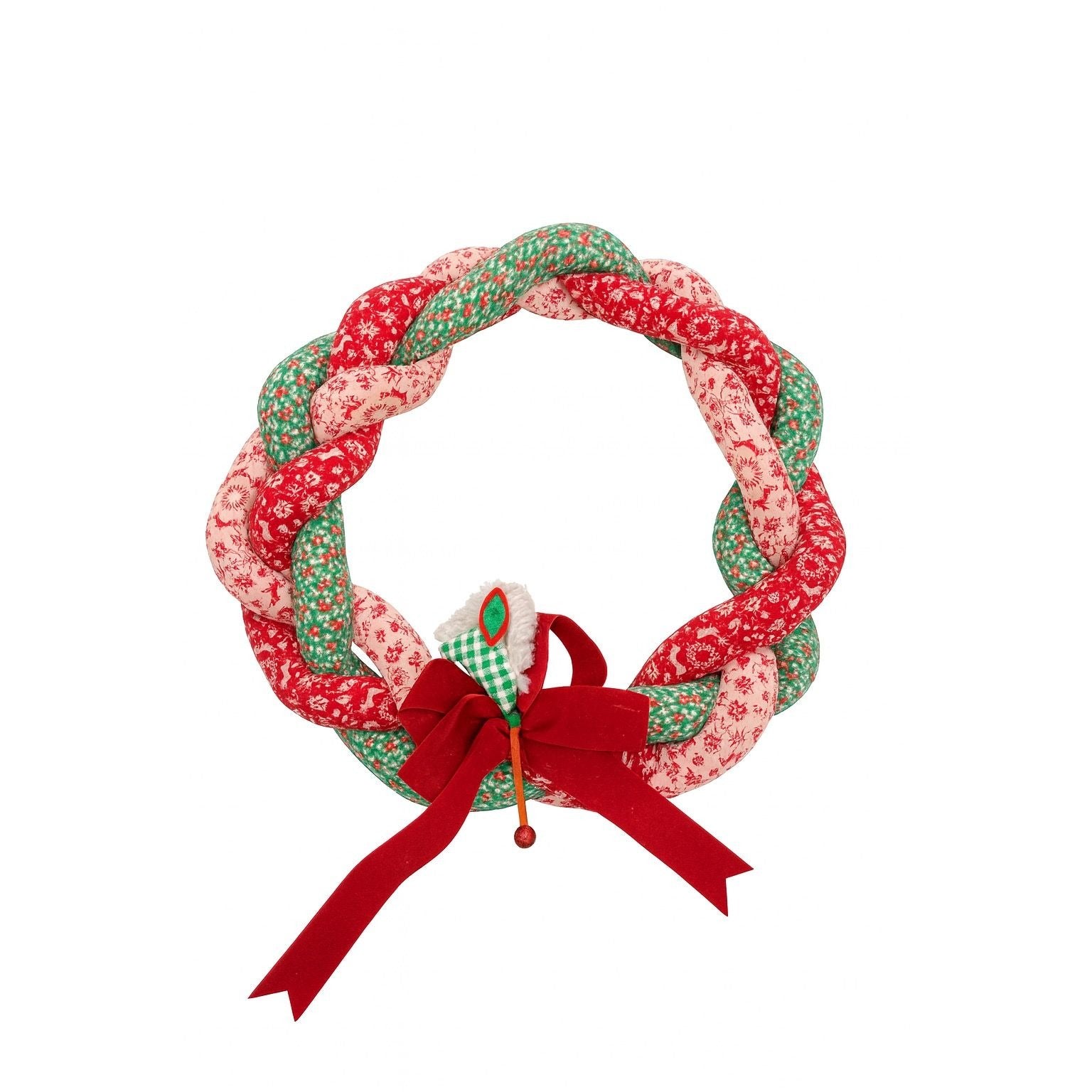 Fabric Woven Christmas Wreath Vintage Love Knot Red Green White Mid Century Granny Cottage Core Wall Decor Seasonal Holiday Handmade