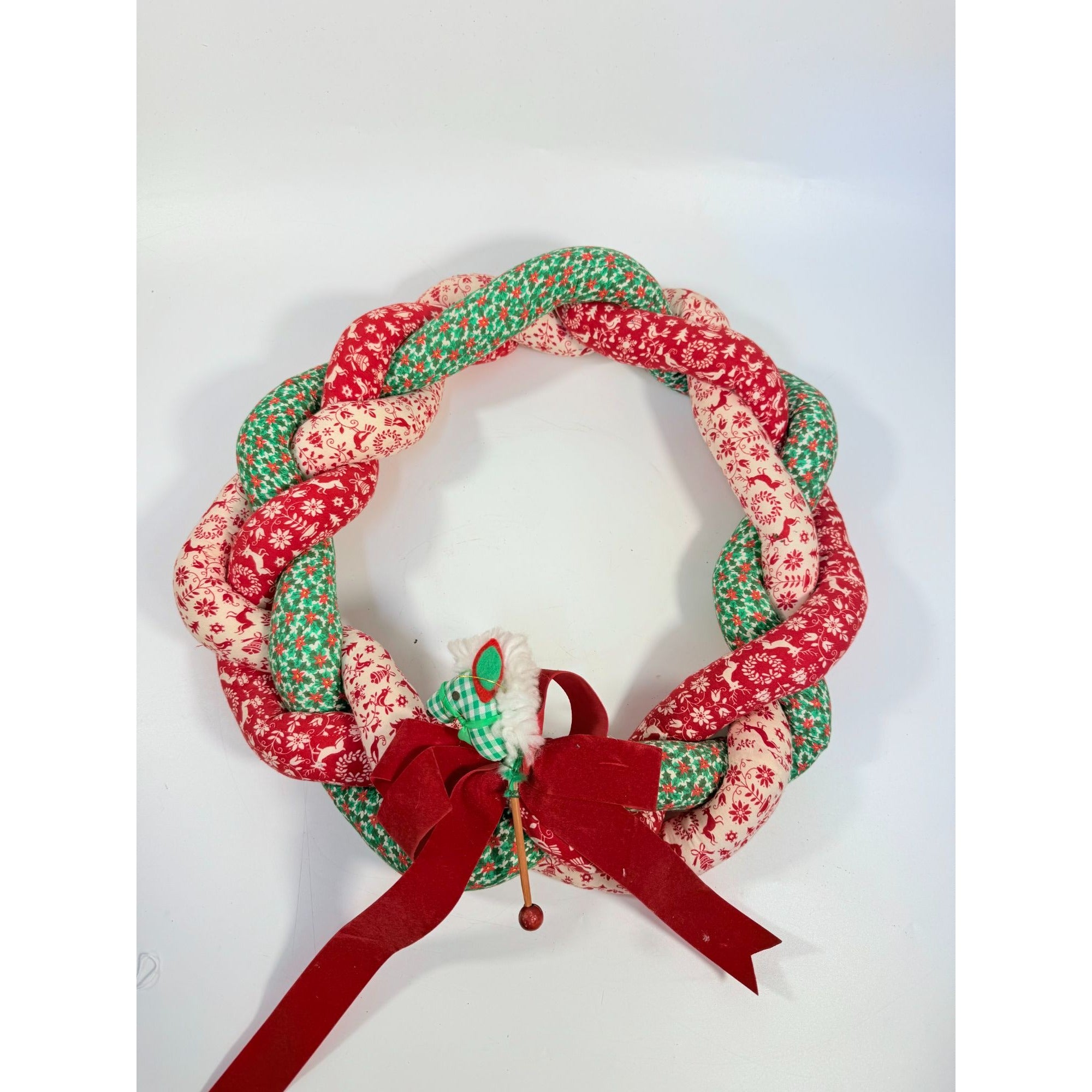 Fabric Woven Christmas Wreath Vintage Love Knot Red Green White Mid Century Granny Cottage Core Wall Decor Seasonal Holiday Handmade