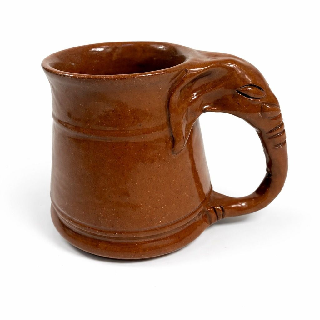 Pottery Coffee Mug Elephant Trunk Handle Unique Studio Pottery Brown Glazed Vintage Kitchenware Collectible Wildlife Gifts