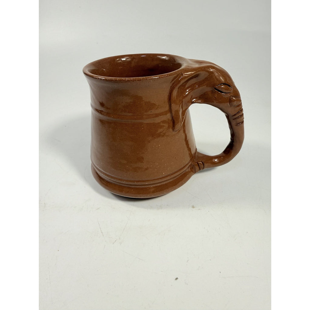 Pottery Coffee Mug Elephant Trunk Handle Unique Studio Pottery Brown Glazed Vintage Kitchenware Collectible Wildlife Gifts
