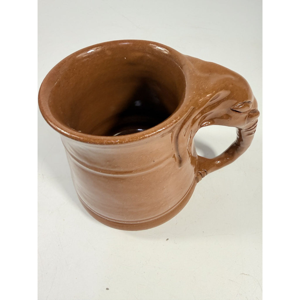 Pottery Coffee Mug Elephant Trunk Handle Unique Studio Pottery Brown Glazed Vintage Kitchenware Collectible Wildlife Gifts