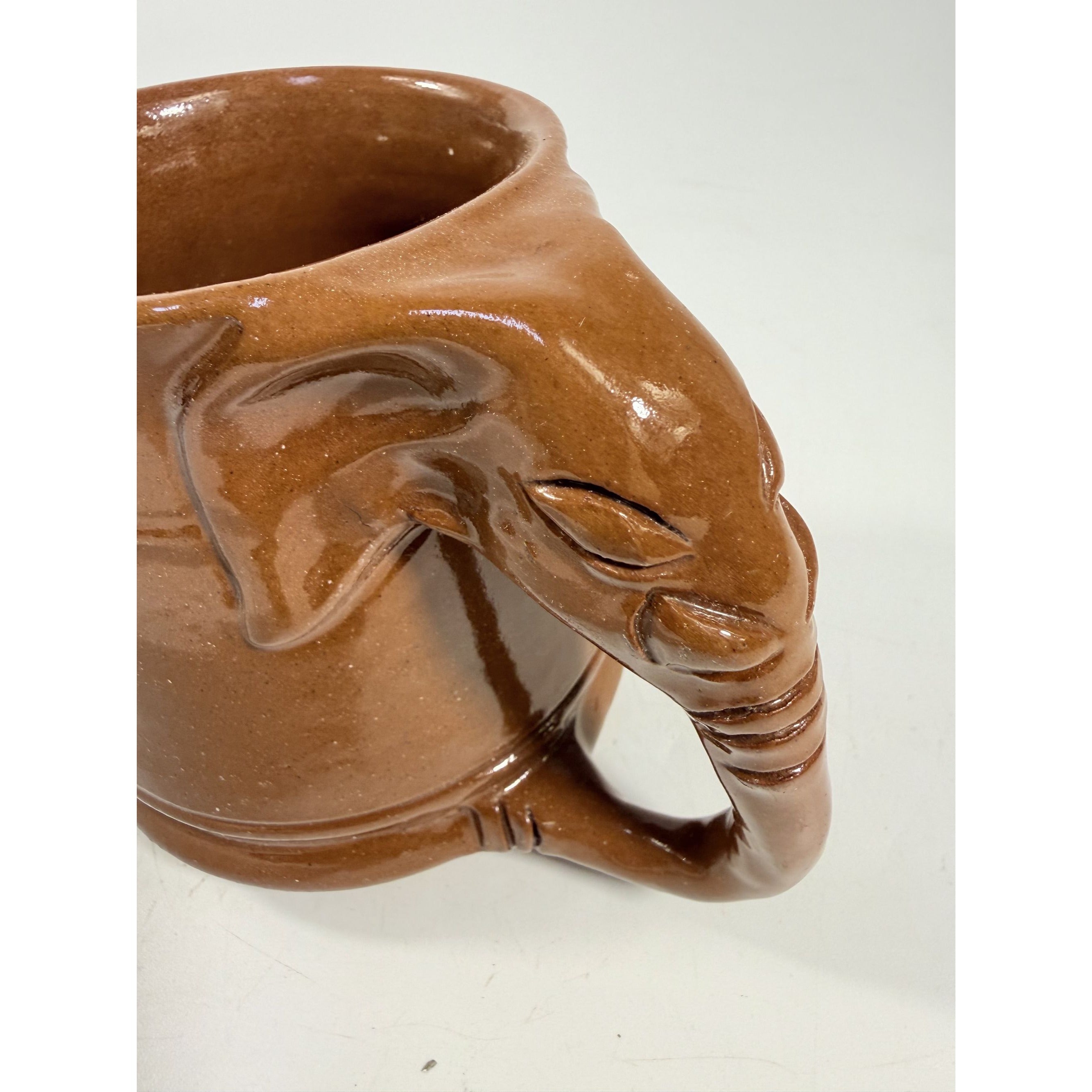 Pottery Coffee Mug Elephant Trunk Handle Unique Studio Pottery Brown Glazed Vintage Kitchenware Collectible Wildlife Gifts