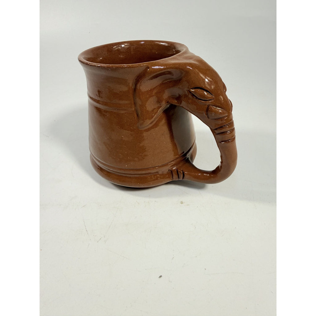Pottery Coffee Mug Elephant Trunk Handle Unique Studio Pottery Brown Glazed Vintage Kitchenware Collectible Wildlife Gifts