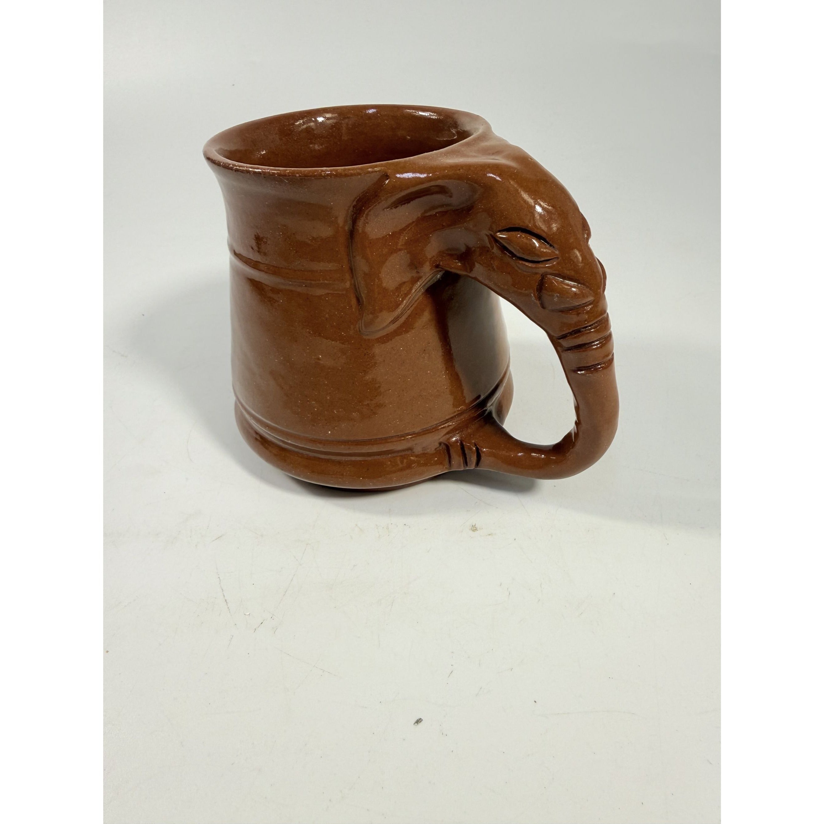 Pottery Coffee Mug Elephant Trunk Handle Unique Studio Pottery Brown Glazed Vintage Kitchenware Collectible Wildlife Gifts