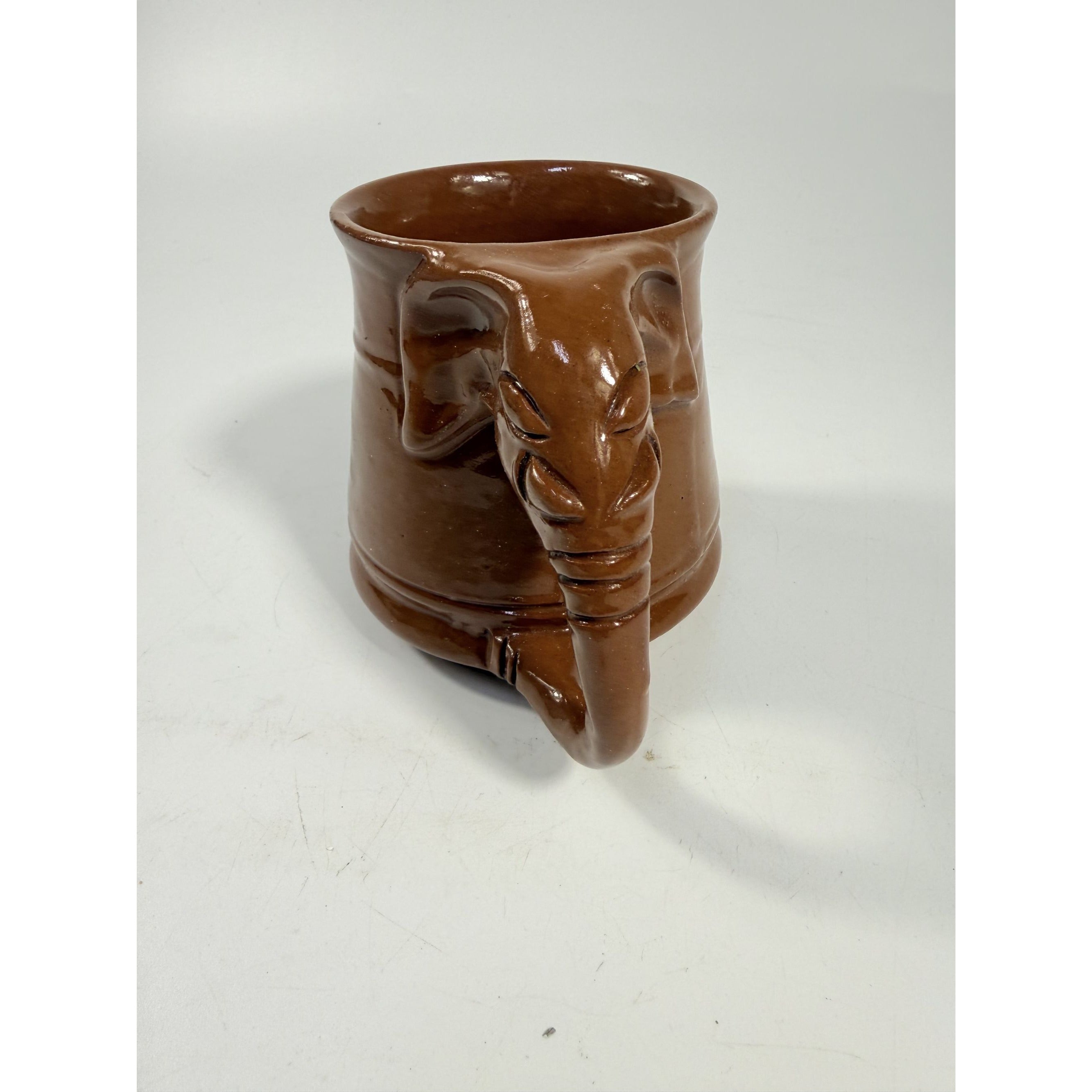 Pottery Coffee Mug Elephant Trunk Handle Unique Studio Pottery Brown Glazed Vintage Kitchenware Collectible Wildlife Gifts