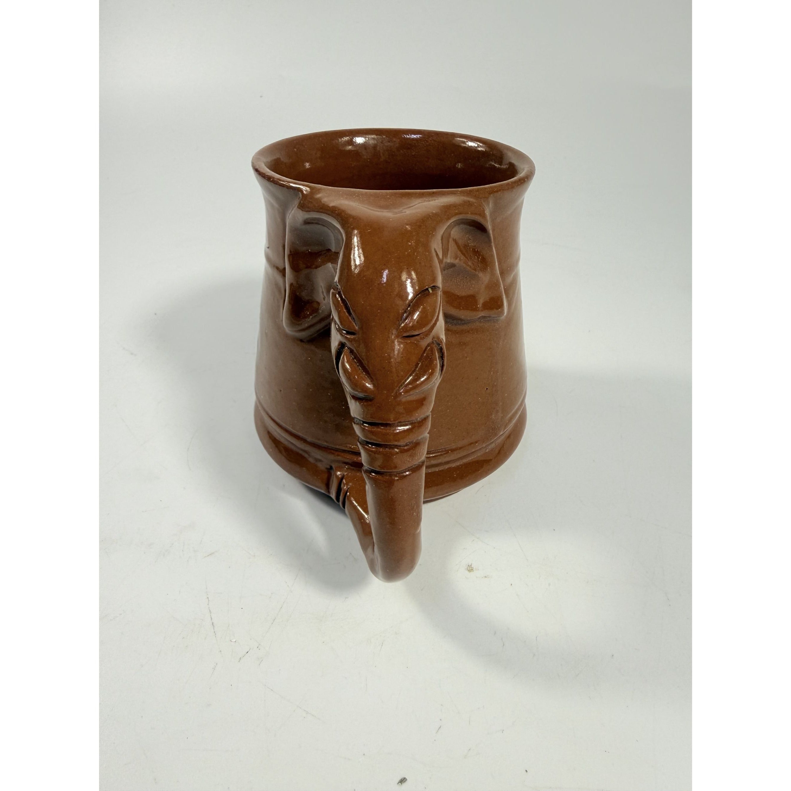 Pottery Coffee Mug Elephant Trunk Handle Unique Studio Pottery Brown Glazed Vintage Kitchenware Collectible Wildlife Gifts