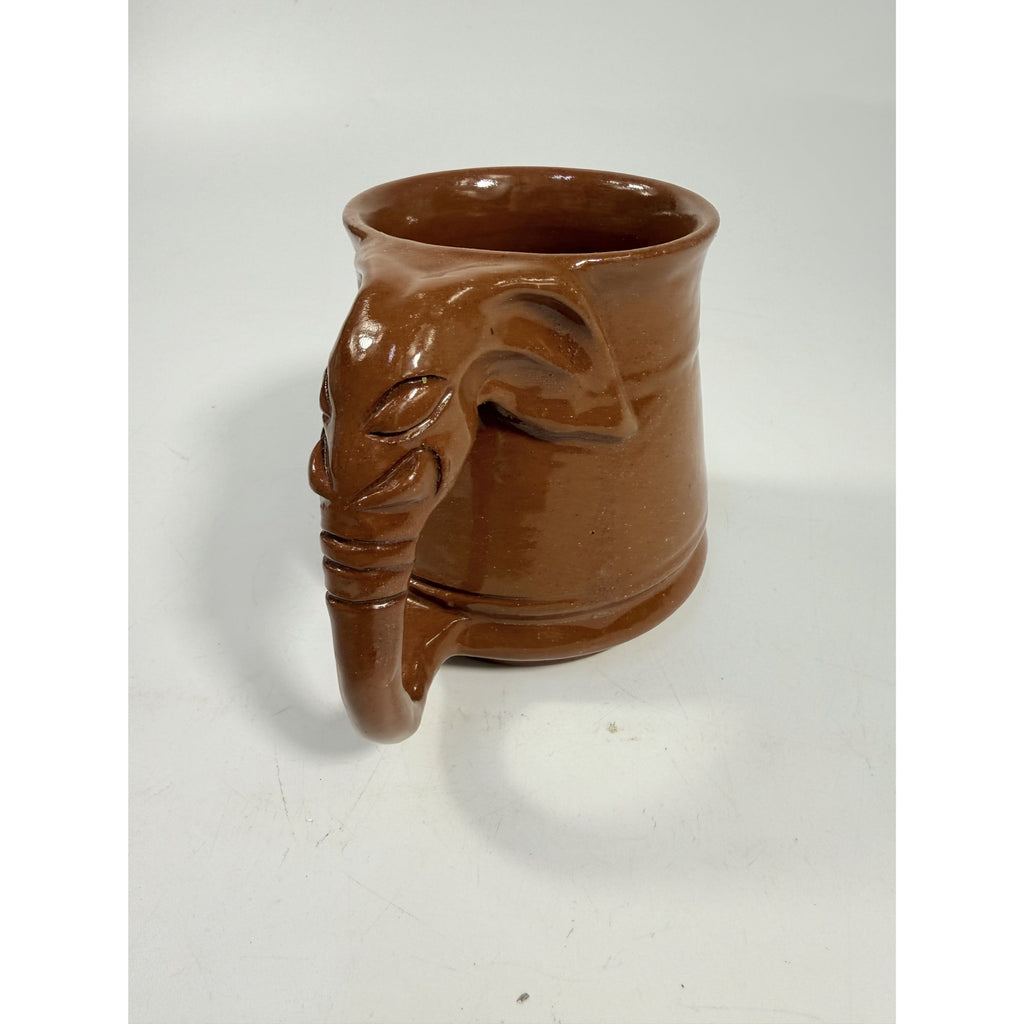 Pottery Coffee Mug Elephant Trunk Handle Unique Studio Pottery Brown Glazed Vintage Kitchenware Collectible Wildlife Gifts