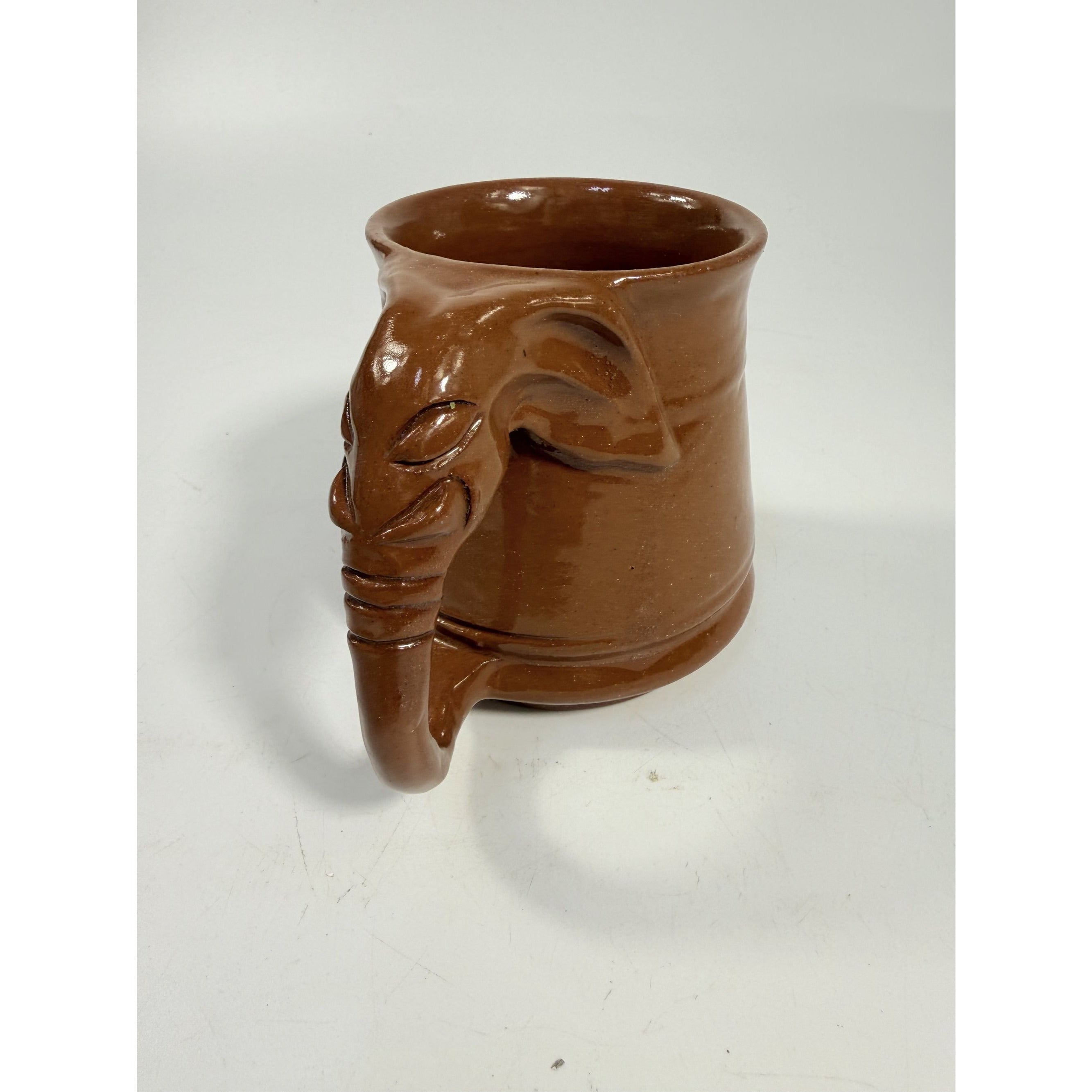 Pottery Coffee Mug Elephant Trunk Handle Unique Studio Pottery Brown Glazed Vintage Kitchenware Collectible Wildlife Gifts