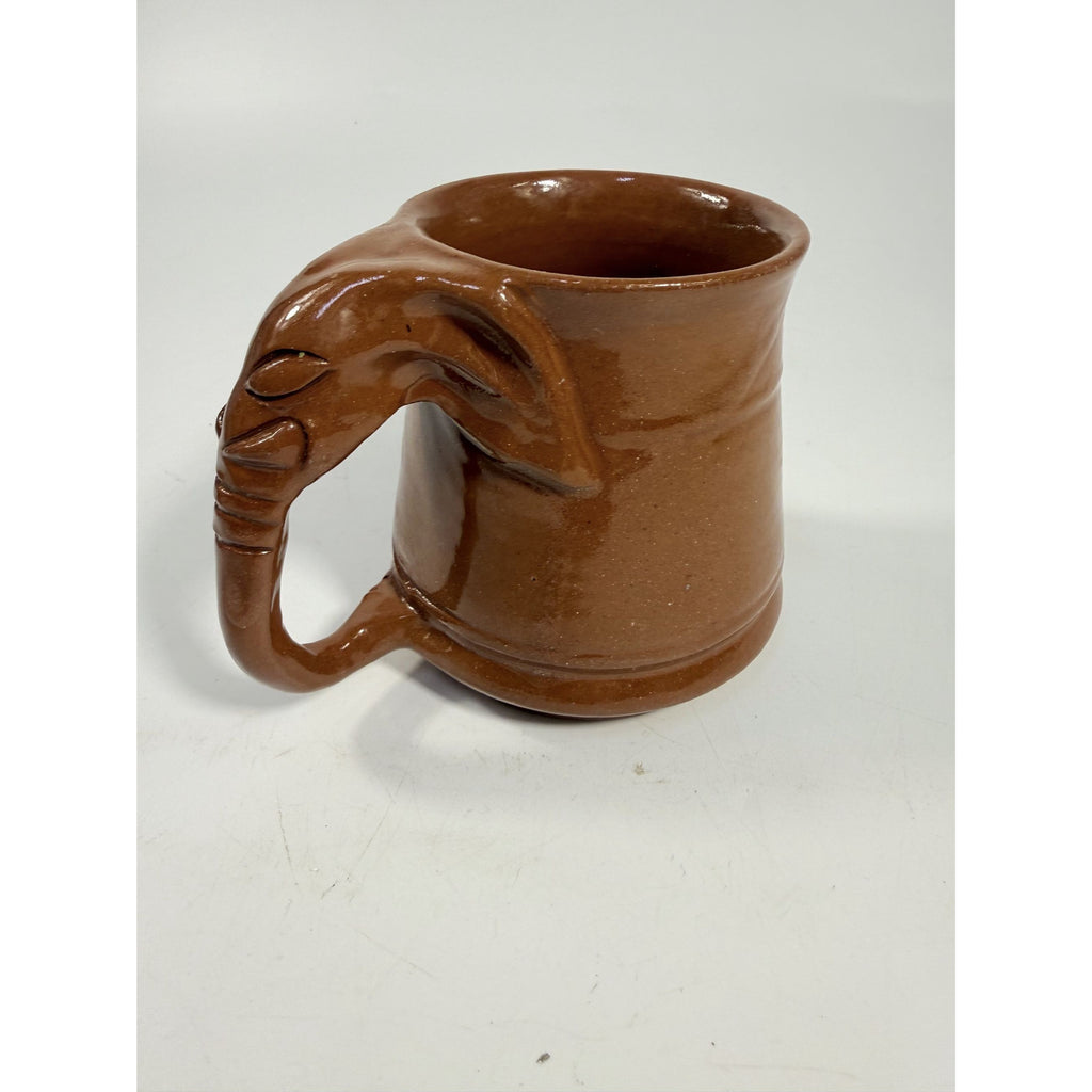 Pottery Coffee Mug Elephant Trunk Handle Unique Studio Pottery Brown Glazed Vintage Kitchenware Collectible Wildlife Gifts