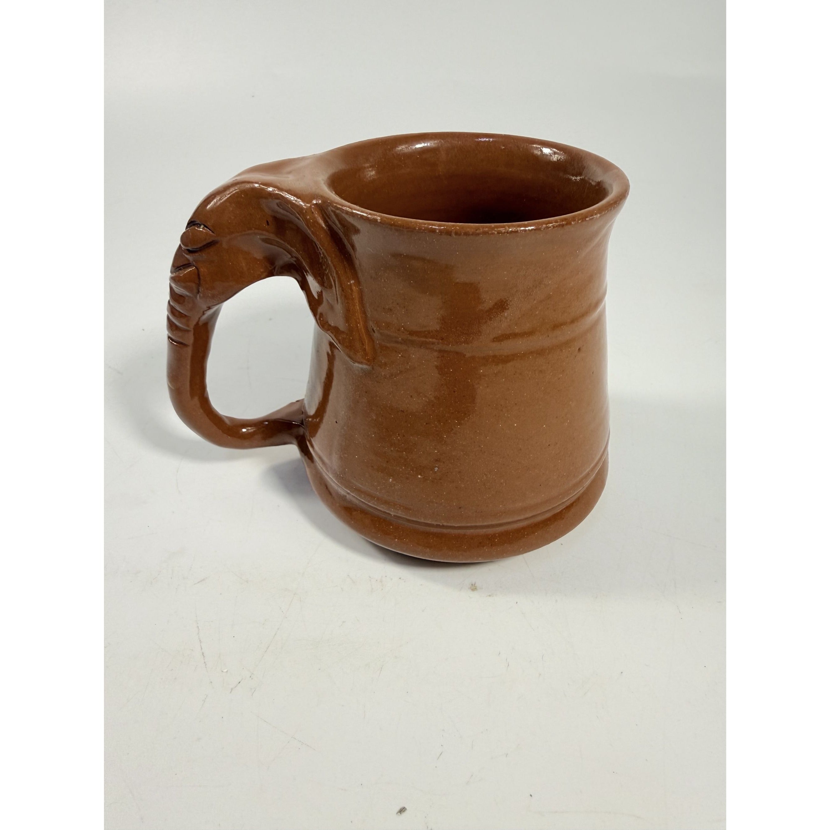 Pottery Coffee Mug Elephant Trunk Handle Unique Studio Pottery Brown Glazed Vintage Kitchenware Collectible Wildlife Gifts