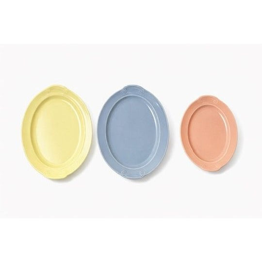 Oval Platters Set 3 Taylor Smith and Taylor Lu Ray Pastels Tab Handled Pink Blue Yellow Spring Mid Century Replacement Serving China Hostess