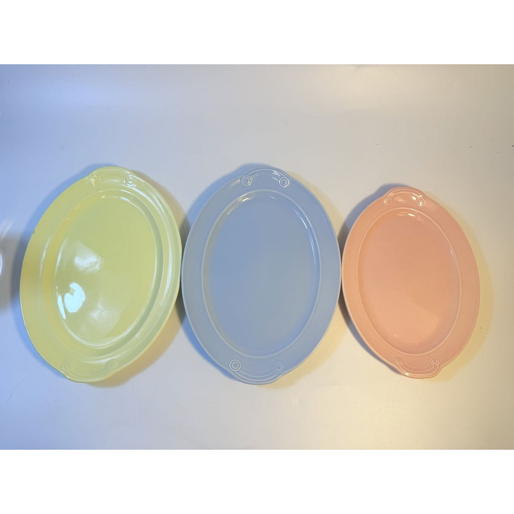 Oval Platters Set 3 Taylor Smith and Taylor Lu Ray Pastels Tab Handled Pink Blue Yellow Spring Mid Century Replacement Serving China Hostess