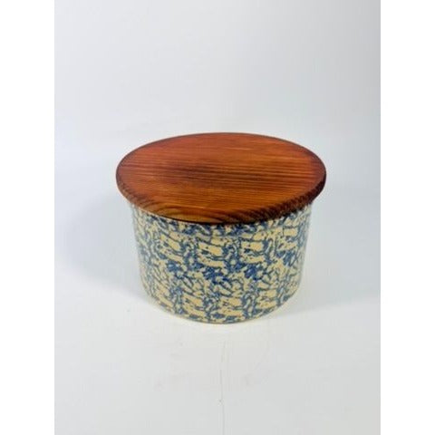 Pottery Crock Low 2 Quart Robinson Ransbottom Blue Spongeware Wood Lid Vintage Hand Painted Kitchenware Farmhouse Primitive Country Granny