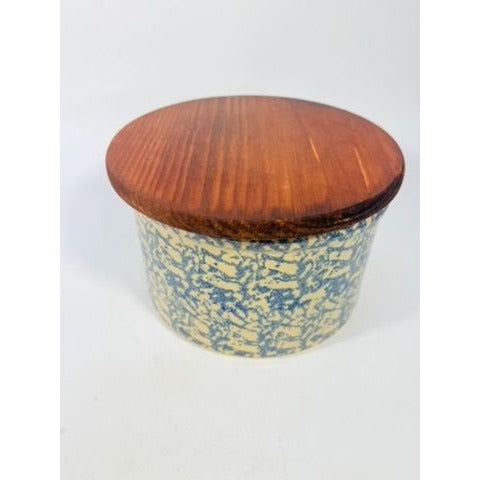 Pottery Crock Low 2 Quart Robinson Ransbottom Blue Spongeware Wood Lid Vintage Hand Painted Kitchenware Farmhouse Primitive Country Granny