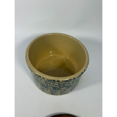 Pottery Crock Low 2 Quart Robinson Ransbottom Blue Spongeware Wood Lid Vintage Hand Painted Kitchenware Farmhouse Primitive Country Granny