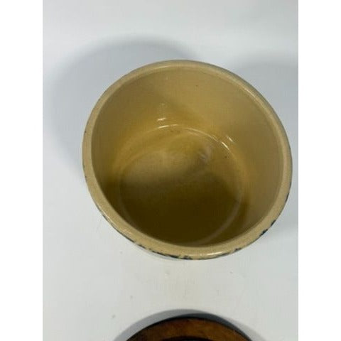Pottery Crock Low 2 Quart Robinson Ransbottom Blue Spongeware Wood Lid Vintage Hand Painted Kitchenware Farmhouse Primitive Country Granny