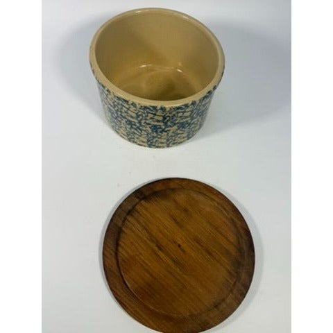 Pottery Crock Low 2 Quart Robinson Ransbottom Blue Spongeware Wood Lid Vintage Hand Painted Kitchenware Farmhouse Primitive Country Granny
