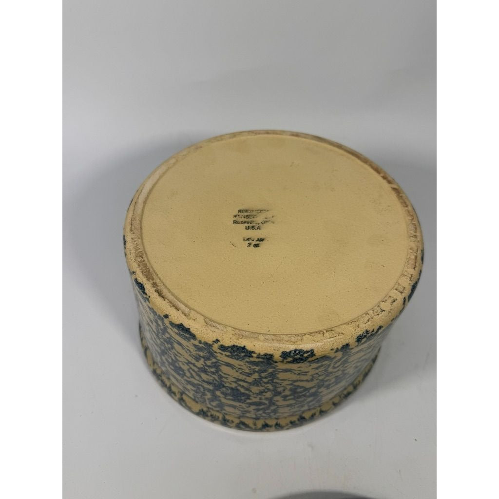 Pottery Crock Low 2 Quart Robinson Ransbottom Blue Spongeware Wood Lid Vintage Hand Painted Kitchenware Farmhouse Primitive Country Granny