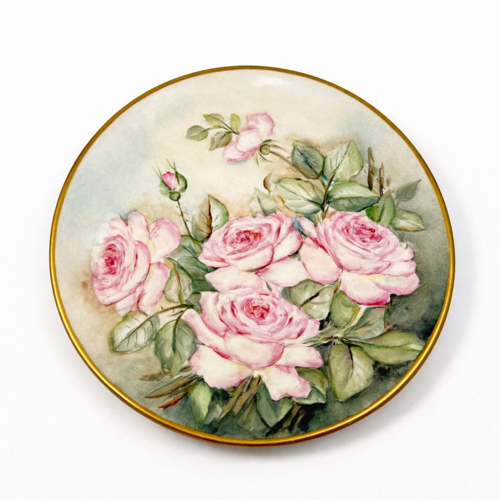 Hand Painted Plate Roses Vintage Frost and Adams Boston Antique Floral Gallery Wall Cottage Core Victorian Vintage Gold Banks