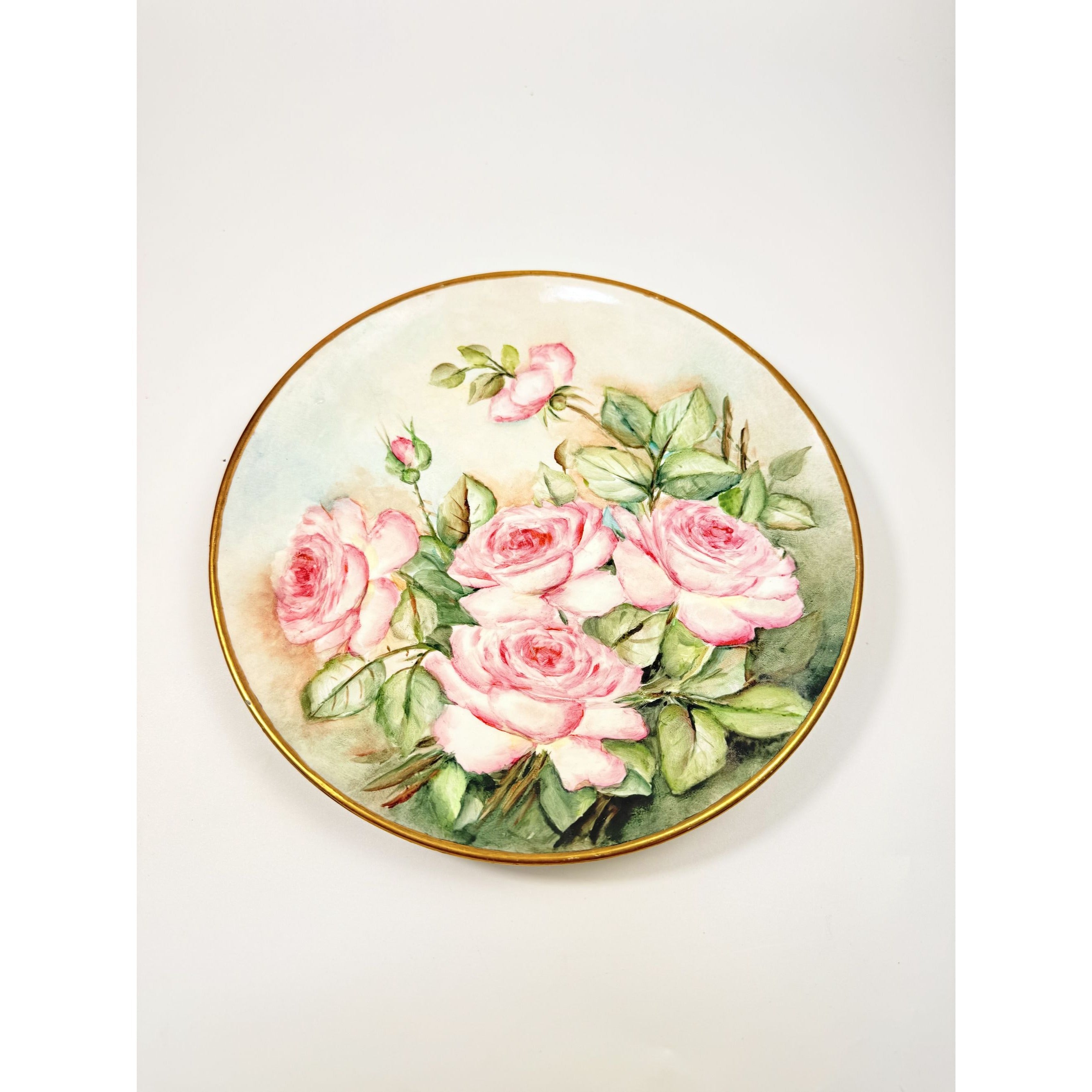 Hand Painted Plate Roses Vintage Frost and Adams Boston Antique Floral Gallery Wall Cottage Core Victorian Vintage Gold Banks