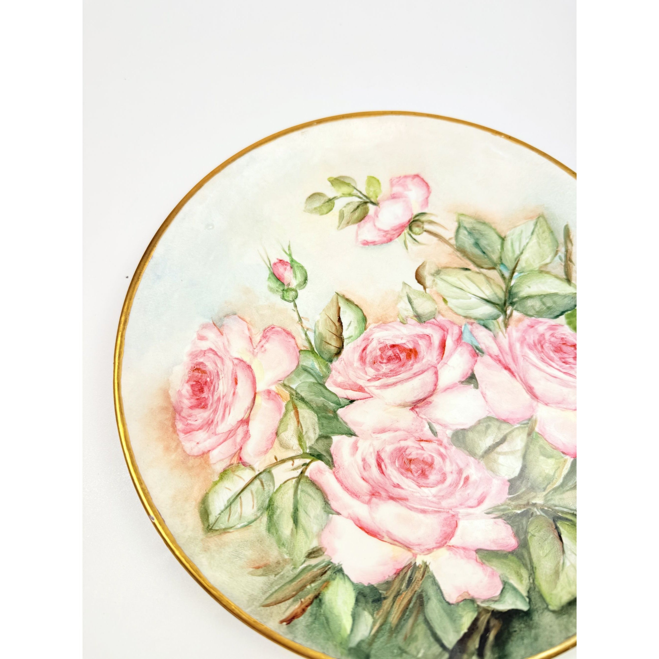 Hand Painted Plate Roses Vintage Frost and Adams Boston Antique Floral Gallery Wall Cottage Core Victorian Vintage Gold Banks