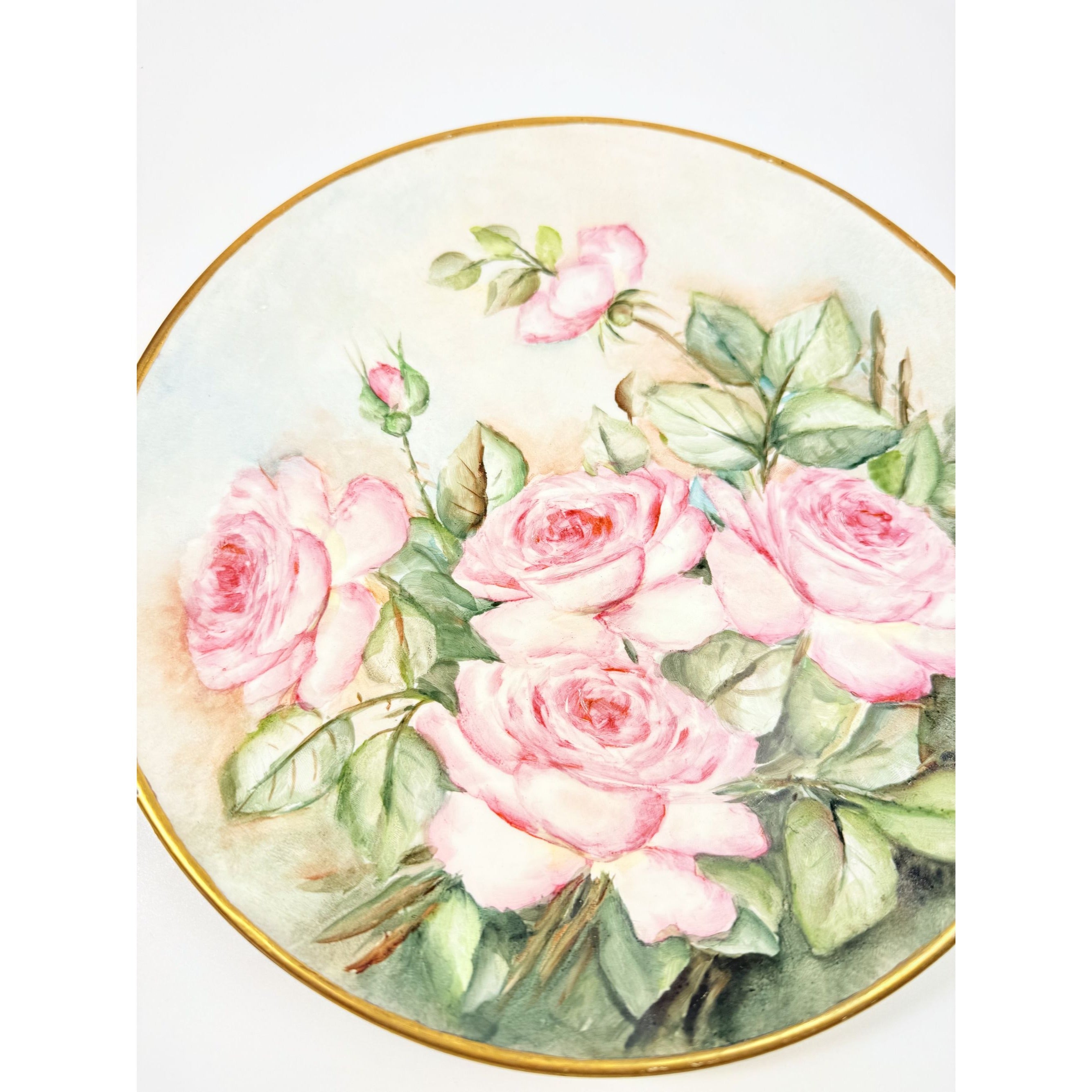 Hand Painted Plate Roses Vintage Frost and Adams Boston Antique Floral Gallery Wall Cottage Core Victorian Vintage Gold Banks