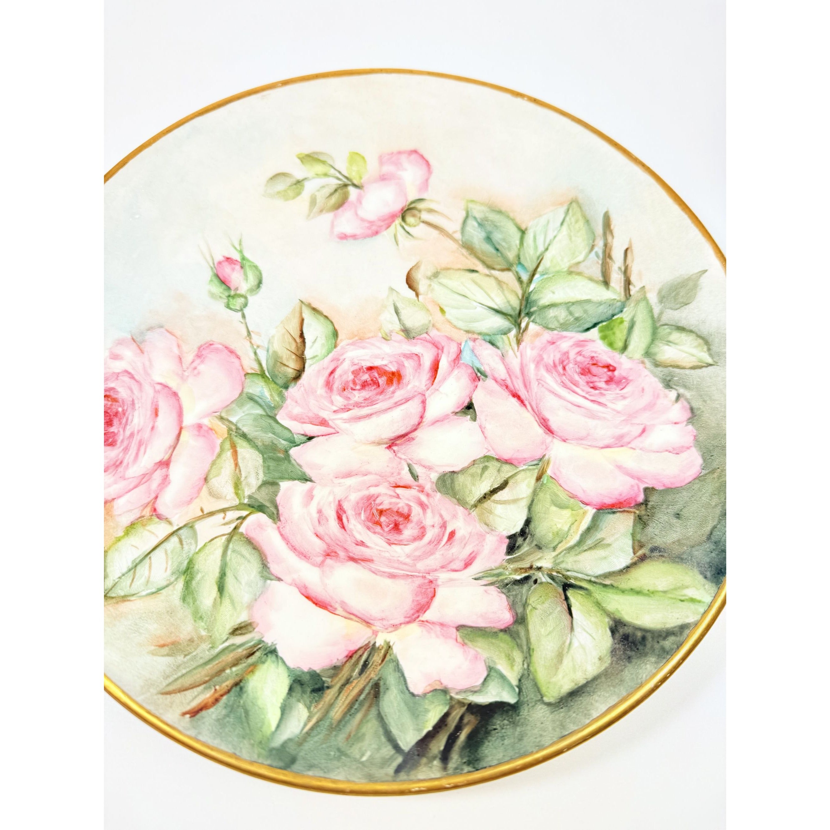 Hand Painted Plate Roses Vintage Frost and Adams Boston Antique Floral Gallery Wall Cottage Core Victorian Vintage Gold Banks