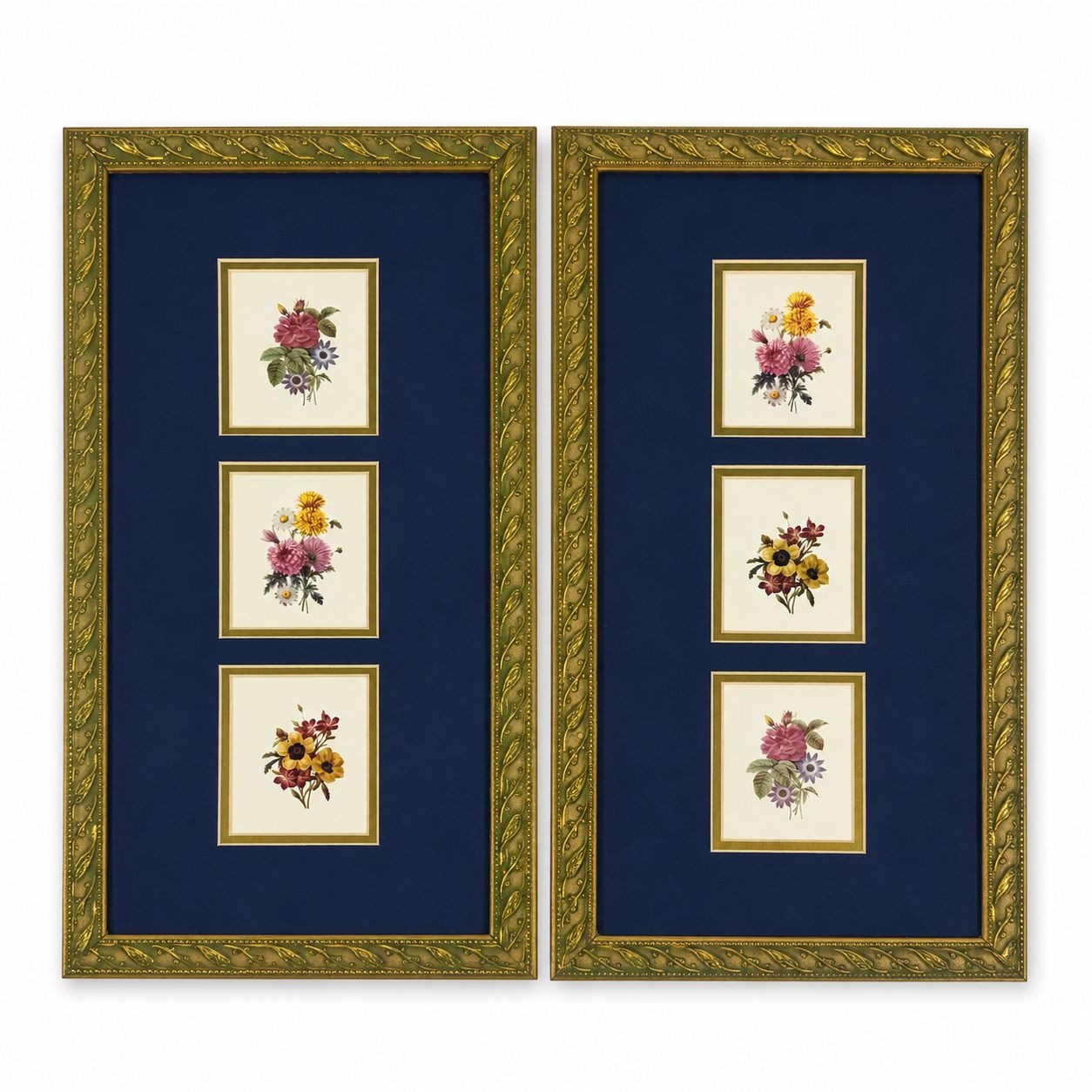 Wall Art Floral Framed Prints Pair W/ Matting Gold Frame Flowers Paneled Prints Traditional Cottage Core Home Decor Decorative Accents