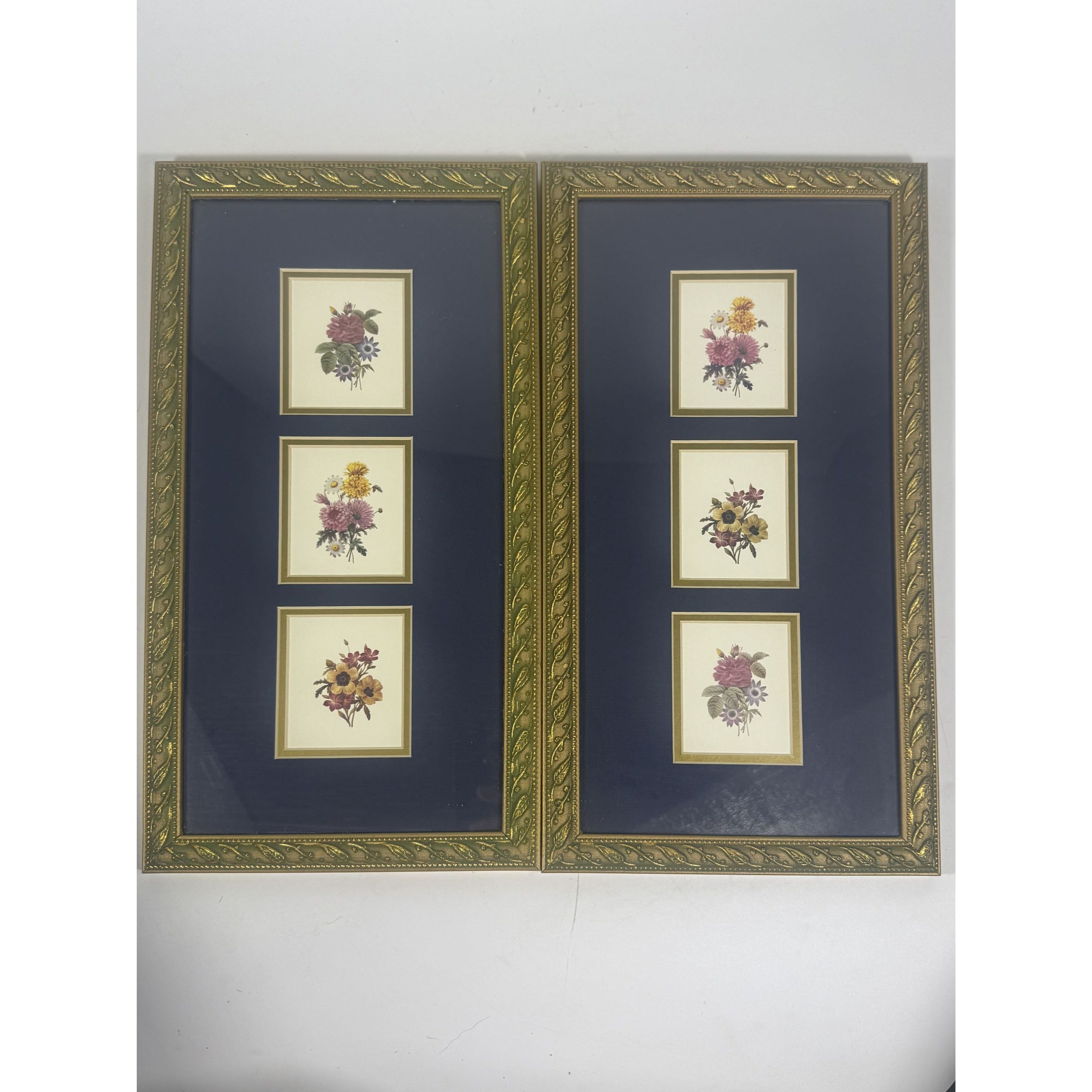 Wall Art Floral Framed Prints Pair W/ Matting Gold Frame Flowers Paneled Prints Traditional Cottage Core Home Decor Decorative Accents