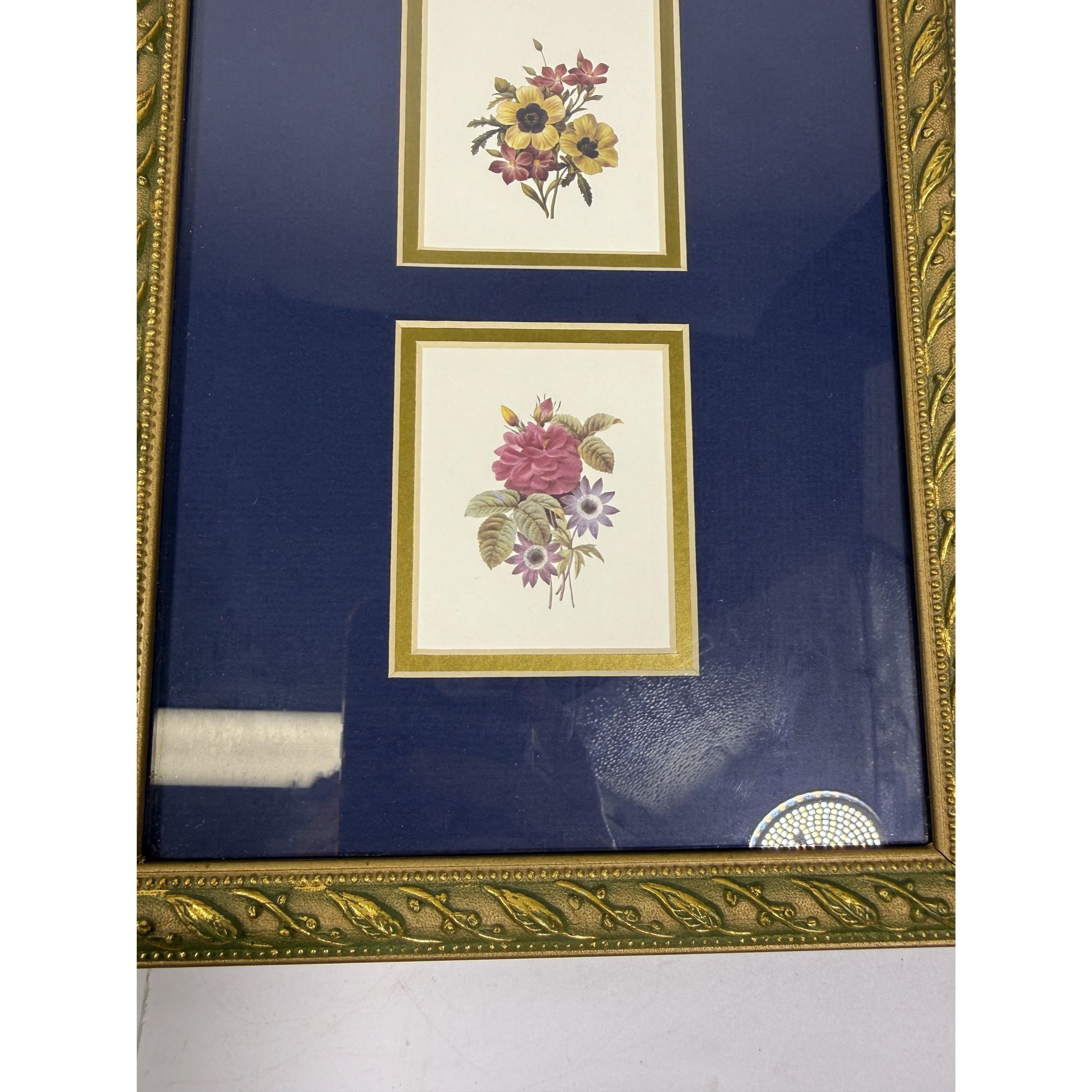 Wall Art Floral Framed Prints Pair W/ Matting Gold Frame Flowers Paneled Prints Traditional Cottage Core Home Decor Decorative Accents