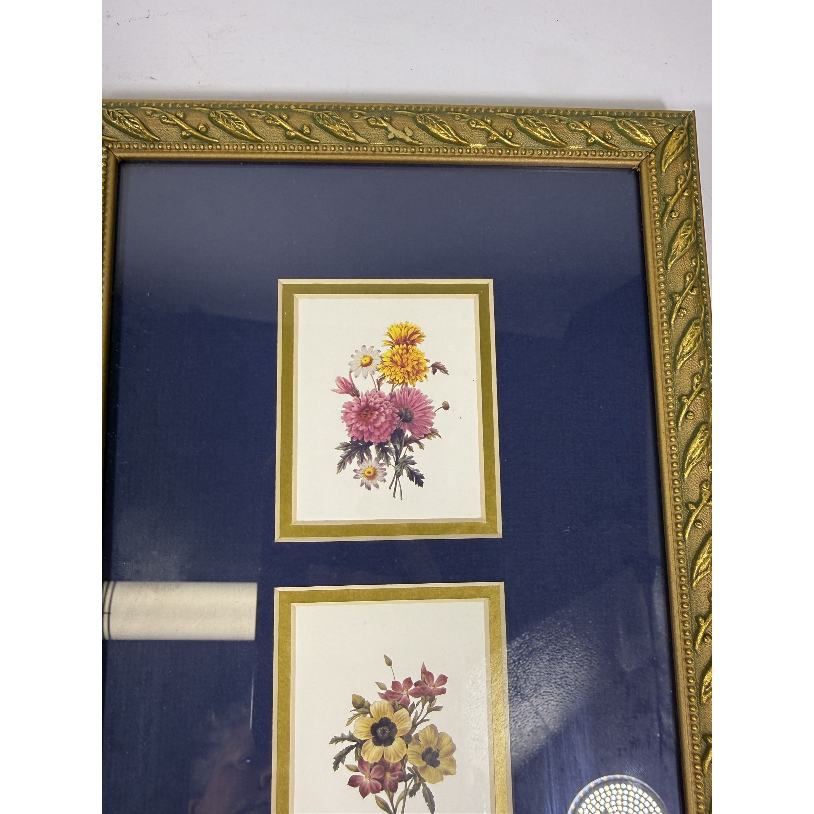 Wall Art Floral Framed Prints Pair W/ Matting Gold Frame Flowers Paneled Prints Traditional Cottage Core Home Decor Decorative Accents