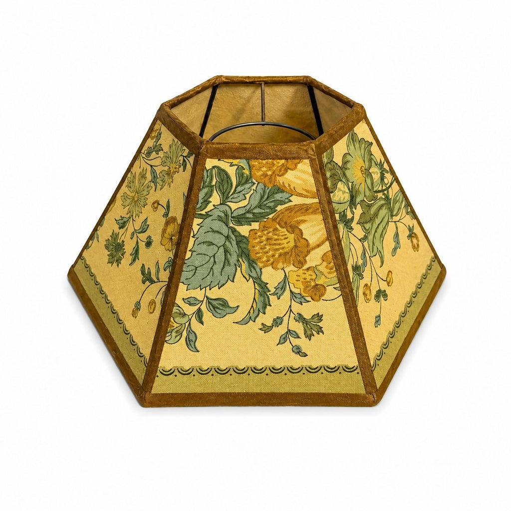 Hurricane Lamp Shade Sexagon Mid Century Lampshades Fabric Floral Chimney Fitter 6 sided Oil Lamp Vintage Flowers Gold Trim Handmade