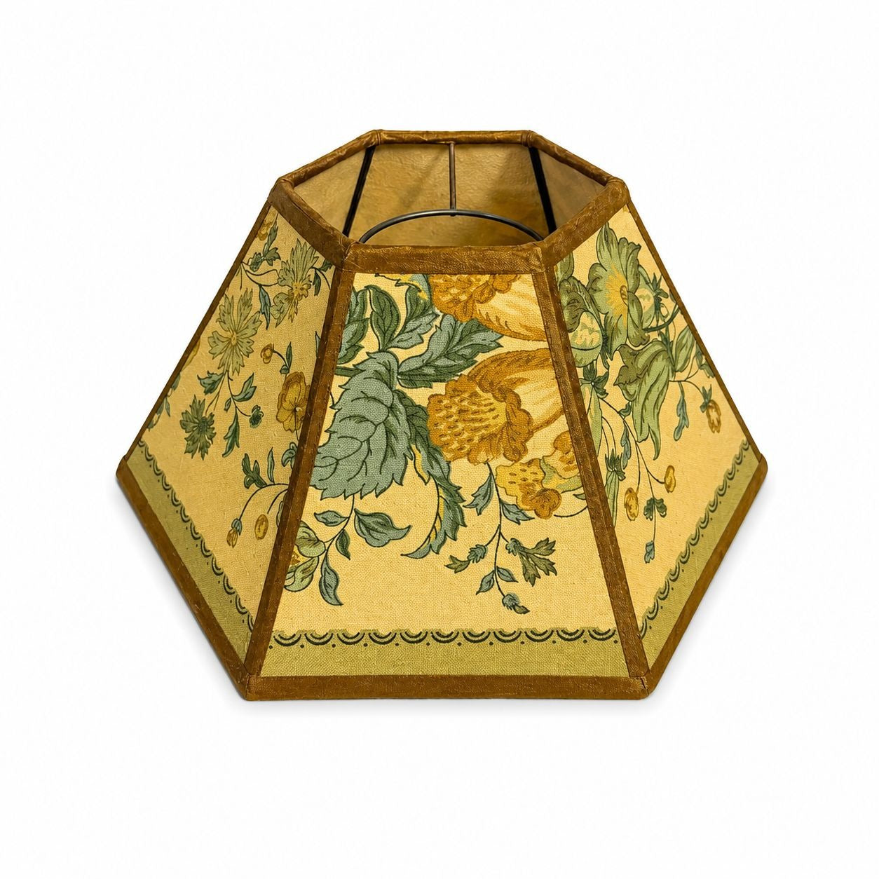 Hurricane Lamp Shade Sexagon Mid Century Lampshades Fabric Floral Chimney Fitter 6 sided Oil Lamp Vintage Flowers Gold Trim Handmade