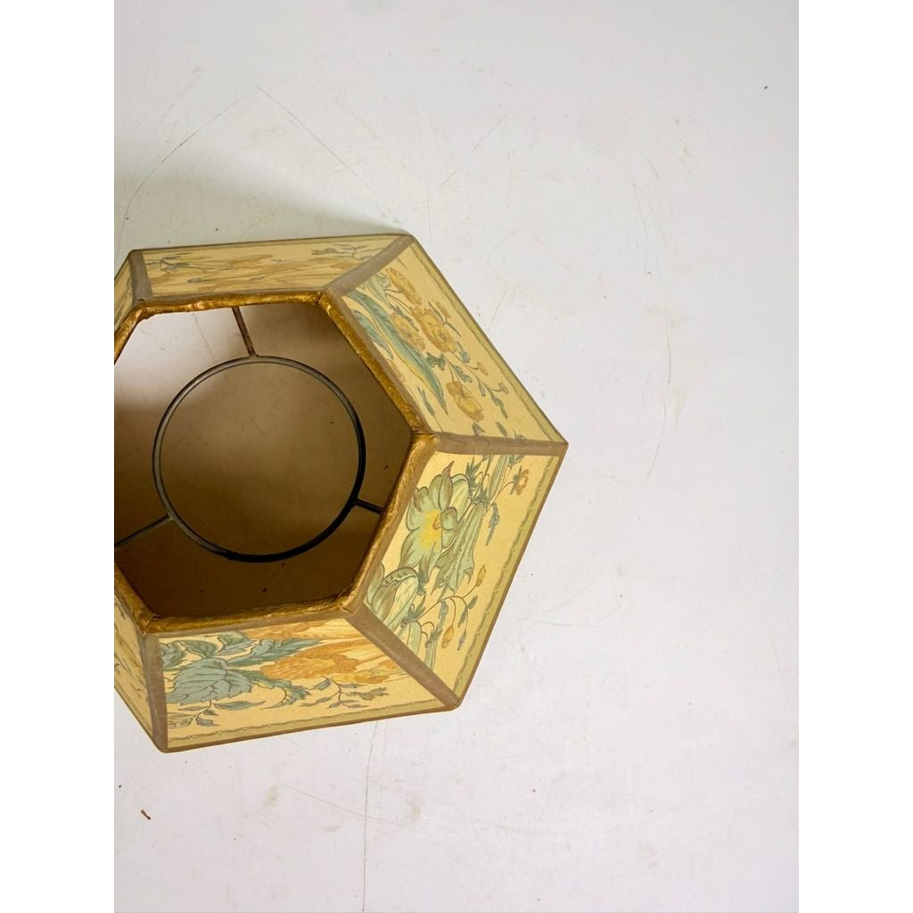 Hurricane Lamp Shade Sexagon Mid Century Lampshades Fabric Floral Chimney Fitter 6 sided Oil Lamp Vintage Flowers Gold Trim Handmade